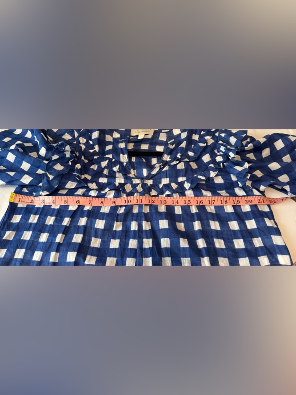 Cleobella Blue Check Gingham Ruffle V-Neck Top - Picture 6 of 9